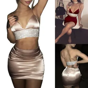 

Stylish Womens 2Pcs Bodycon V-Neck Crop Top And Skirt Set Split Clubwear Party Cooktail Dresses Pencil Party Clothing Sets