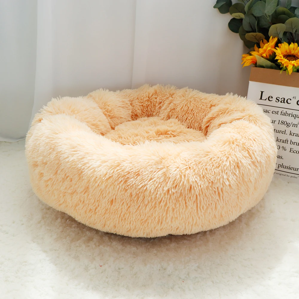 Comfy Plush Pet Dog Bed Hondenmand Washable Round Calming Pet Bed Cushion Sofa Mat Kennel Donut Beds House For Large Dogs Hot - Цвет: Beige