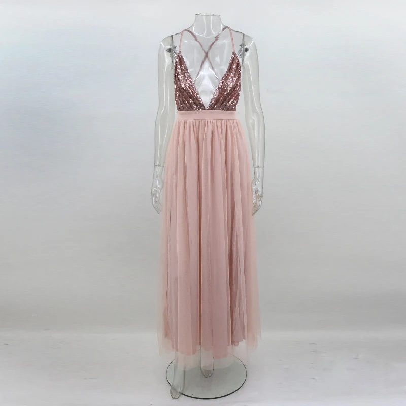 PFFLOOK Mesh Sequin Sexy Maxi Dress Women Deep V Neck Cross Back Backless Long Dress Elegant Sleeveless Solid Summer Party Dress