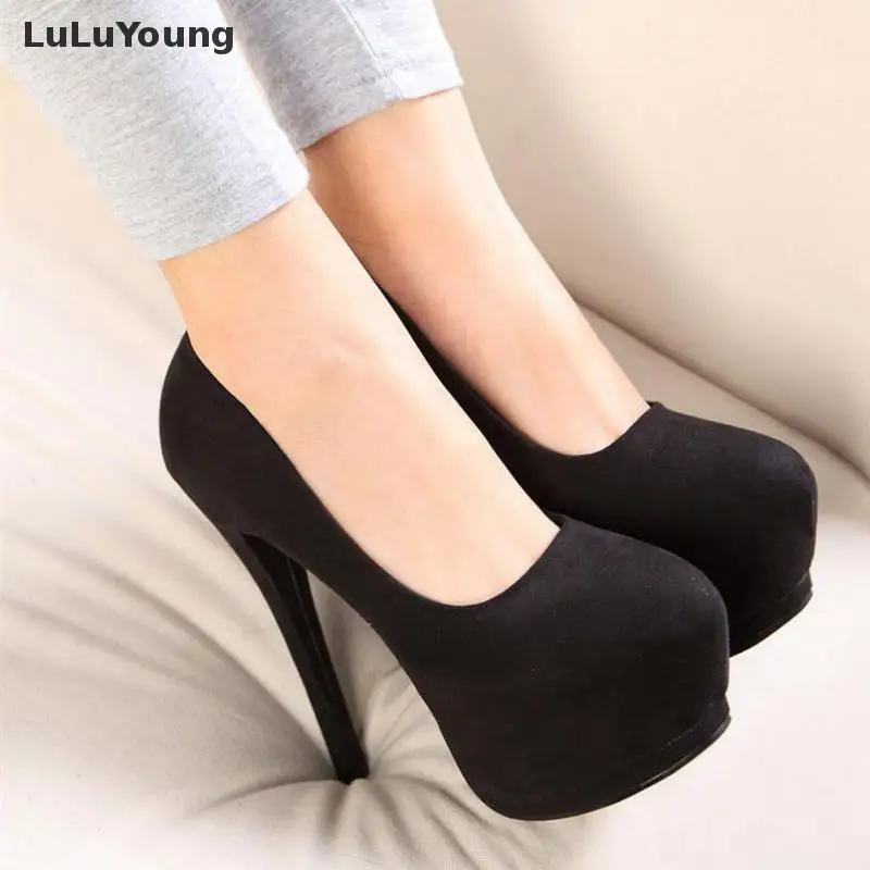 Женские туфли из флока на высоком каблуке 14 см с круглым носком летняя