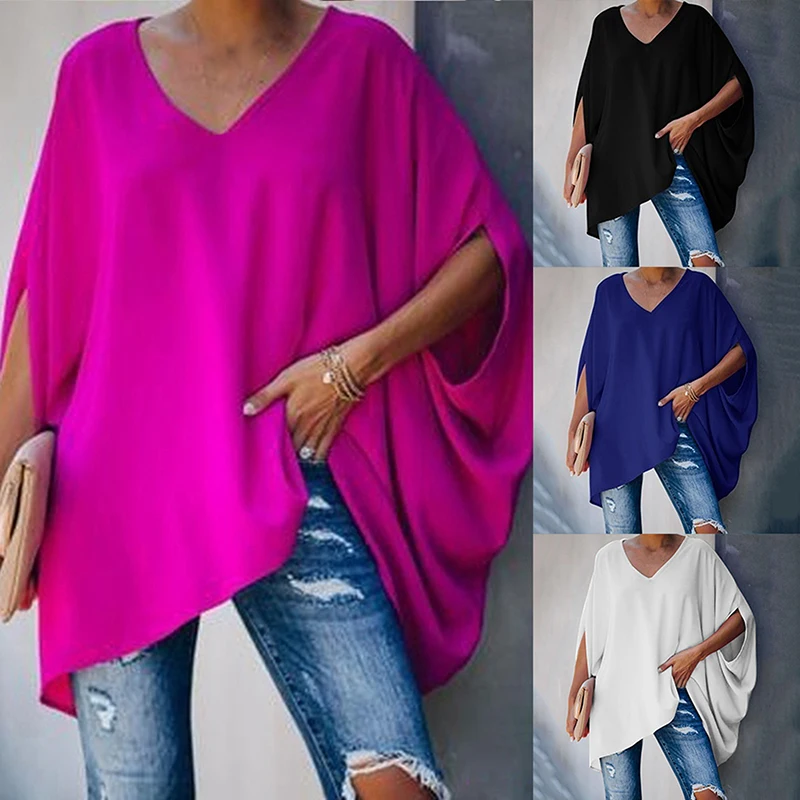 Fashion Women Summer Elegant V Neck Oversized Plus Size Top Lady Casual Solid Long Sleeve Loose Fit Blouse 2021 New