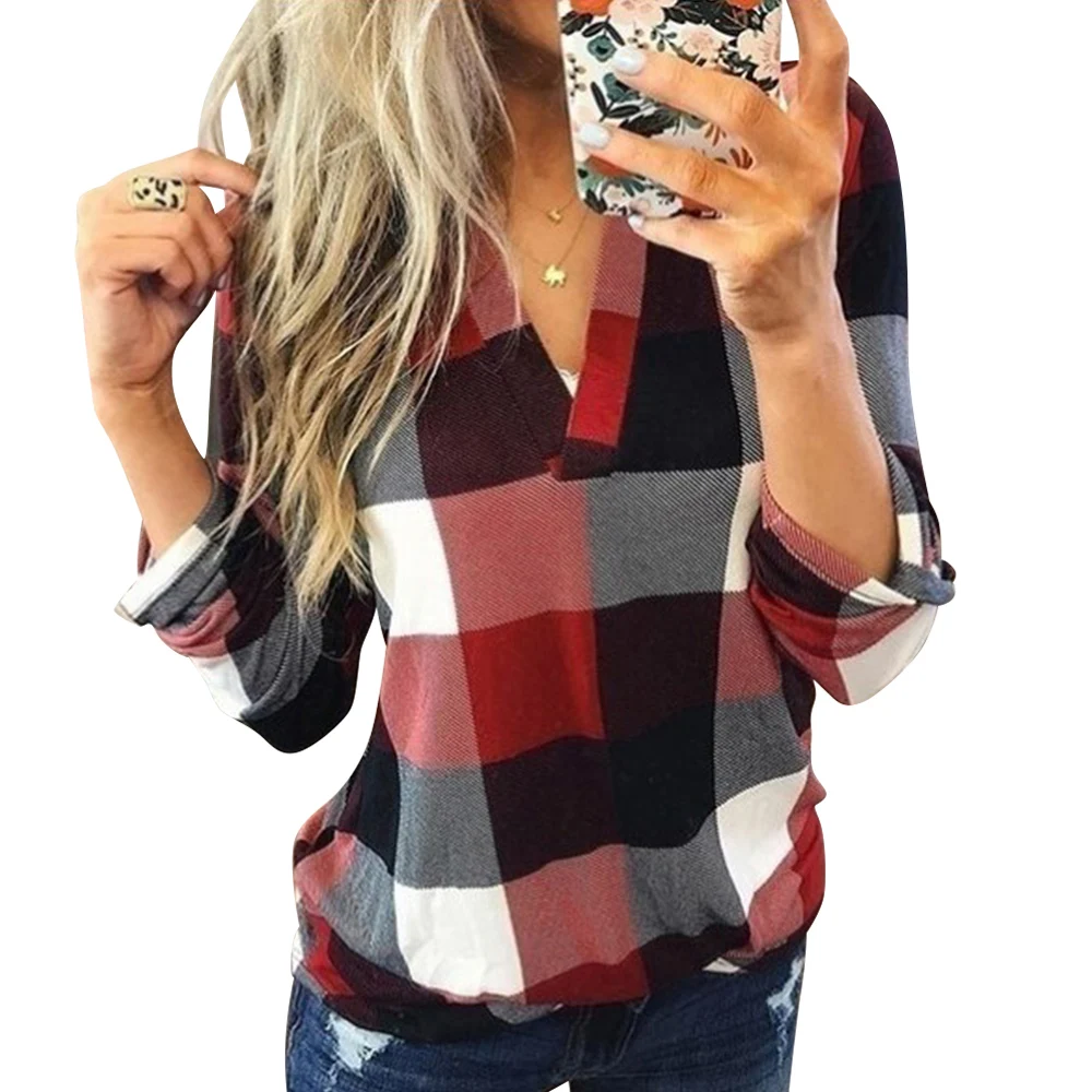 

Plus Size Women Plaid Shirt Blouse 2020 Spring V Neck Long Sleeve Ladies Shirt Casual Loose Female Tops Blusas Camisa Mujer D30