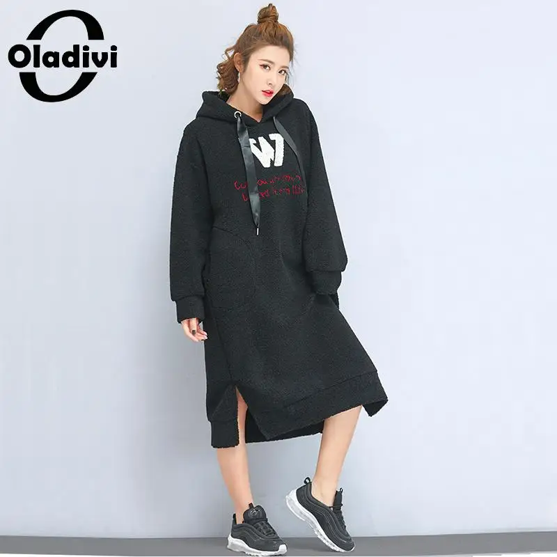 Oladivi размера плюс для женщин с буквенным принтом бархатные толстовки с капюшоном женские повседневные флисовые худи женские теплые рубашки туники пальто
