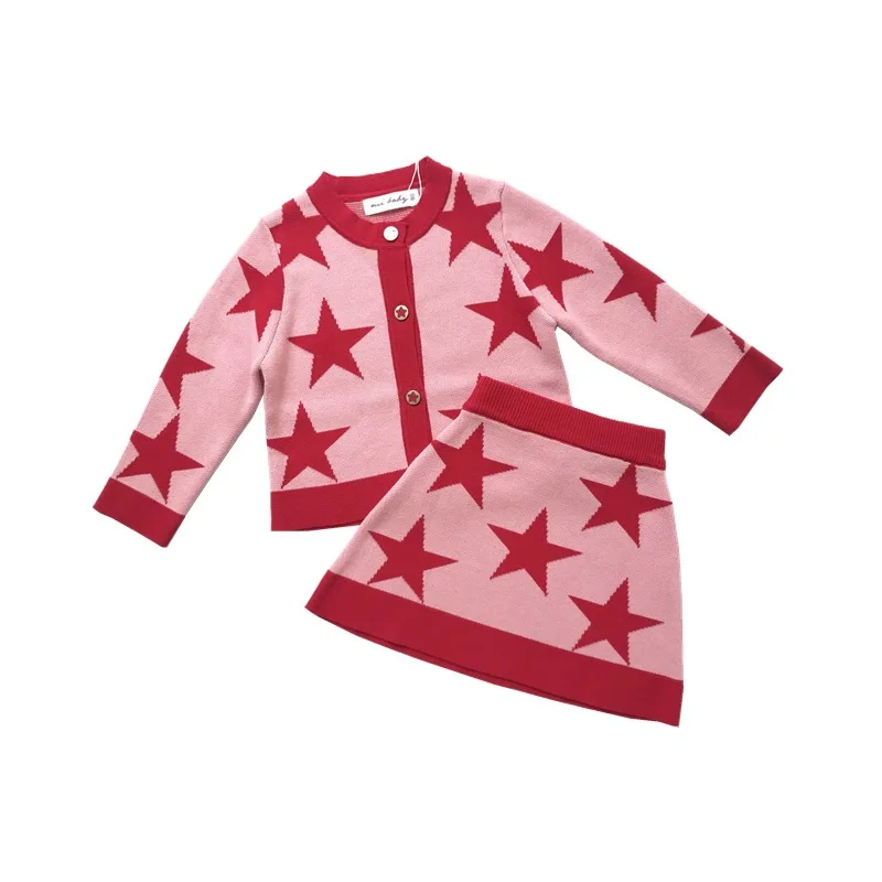 Красный High Quality Winter Design Stars Children Girls Knitted Clothing Sets Sweater Skirt 2pcs Jacquard Cotton Kids Christmas Suits - Цвет: Красный
