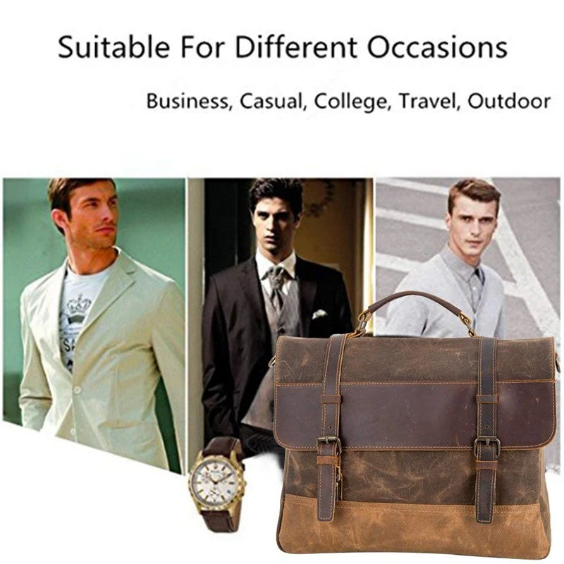 New Waterproof Laptop Briefcase Waxed Canvas Genuine Leather Laptop Bag Coffee