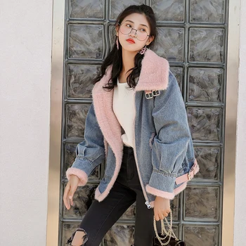 

Ailegogo Winter Faux Fur Lined Denim Jackets Women Autumn Turn Down Collar Sashes Casual Warm Thick Girls Coats Chaqueta