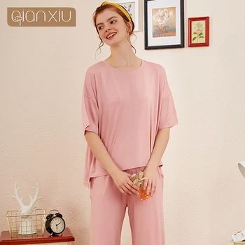 

Women's bamboo fiber pajamas summer comfortable comfortable lazy suit home service summer pajamas 270