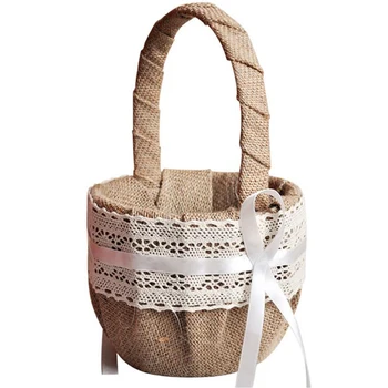 

Women Wedding Flower Basket Rustic Lace Purfle Knot Bridal Basket Girl'S Floral Basket Wedding Basket For Party Decor
