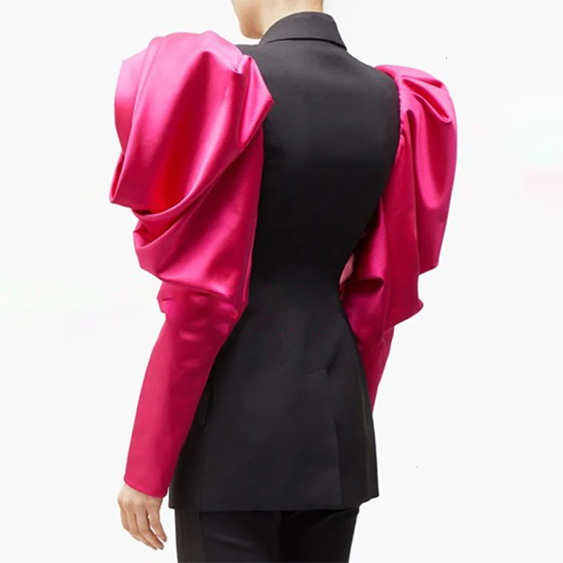 Online TWOTWINSTYLE Hit Color Ruched Patchwork Puff Sleeve Blazer For Women Notched Single Button Female Suit 2019 Autumn Fashion New
