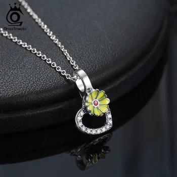 

ORSA JEWELS 925 Sterling Silver Necklace Yellow Flower Design AAAA Zirconia Heart Shape Pendant For Female Dating CB23
