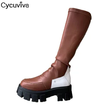 

Desginer Platform Knee High Boots Women Thick Sole Ladies Shoes Long Stretch Boots Women Patchwork Leather Flat Knight Boots