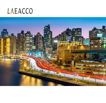 

Laeacco Modern City Building Street Riverside Road Light Night Scenic Photo Backdrops Photo Backgrounds Photocall Photo Studio