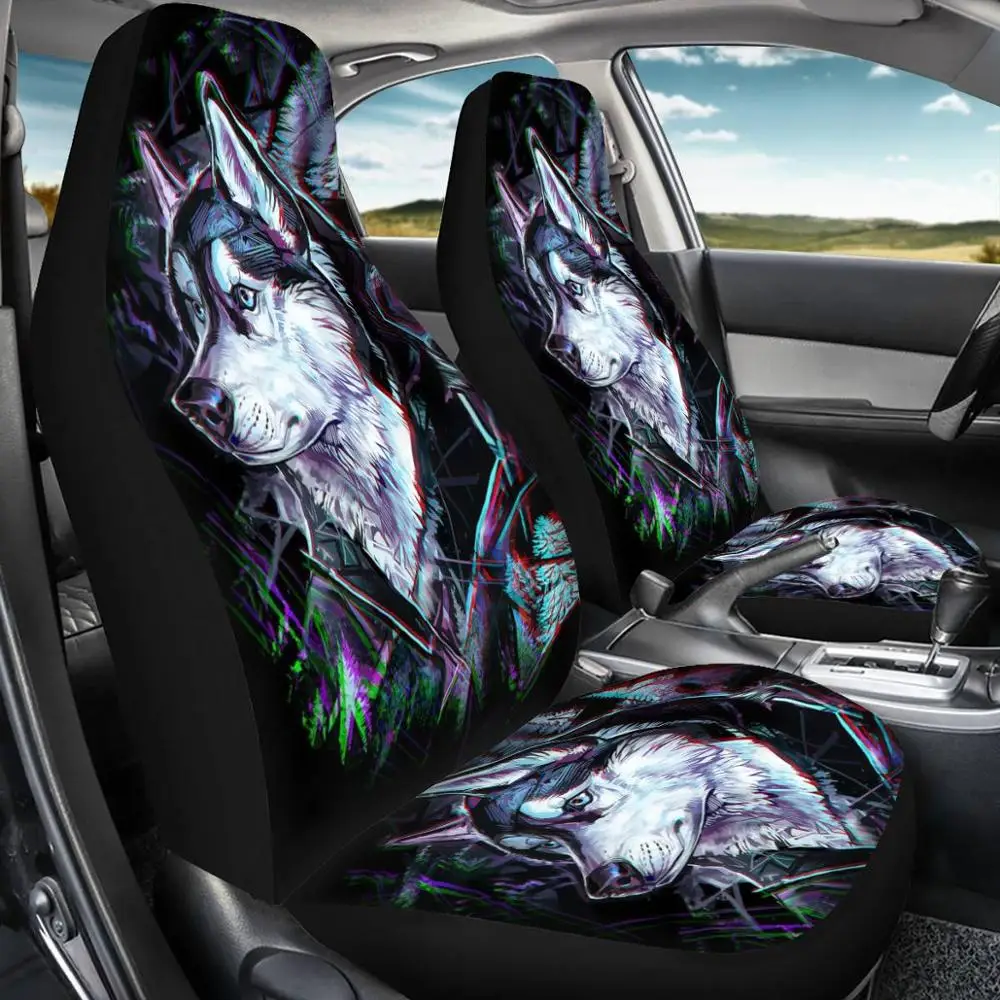 

INSTANTARTS 3D Wolf Animal Brand Design Auto Seat Covers Full Set of 2 Polyester Fabric Protector Cover Cushion Pad Mat for Auto