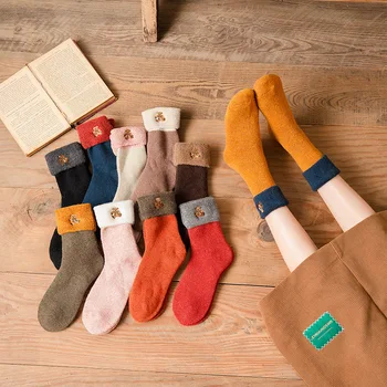

Wool Socks Women's Funny Cute Kawaii Lovely Cartoon Bear Candy Color Solid Warmth Cute Socks Female House Wear Japanese Style