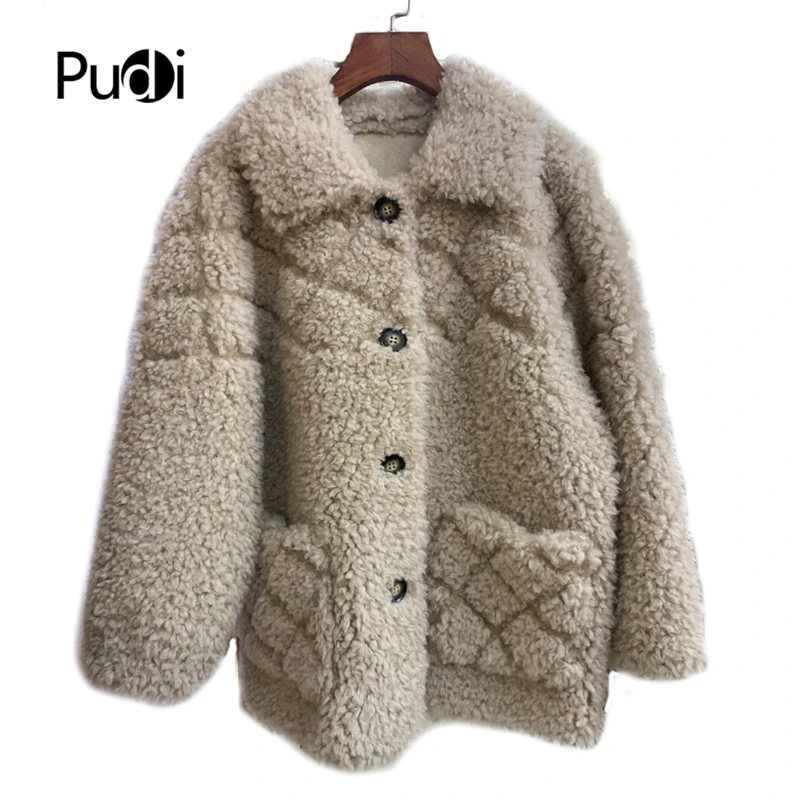 

Pudi women winter classic Real sheep fur coat jacket overcoat lady fashion genuine fur coat outwear C402102