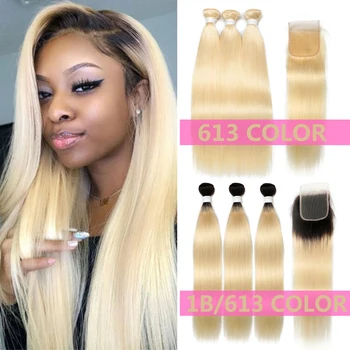 

613 Bundles With Closure Dark Root Honey Blonde Bundles With Closure Brazilian Straight Human Hair Bundles With Closure Remy 30"