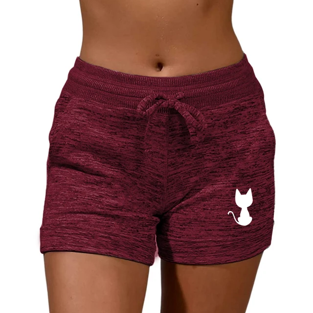 Summer Women's Shorts Back View Cat Printed Elastic Casual Sports Quick Drying Fitness Breathable Female Sweatpants Plus Size Claret