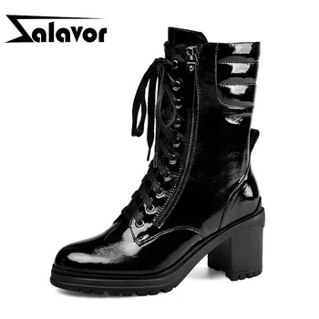 

ZALAVOR Motorcycle Boots For Women Real Leather Non-Slip Shoes Women Botas Fashion Lacing Thick Heel Outdoor Boots Size 34-39