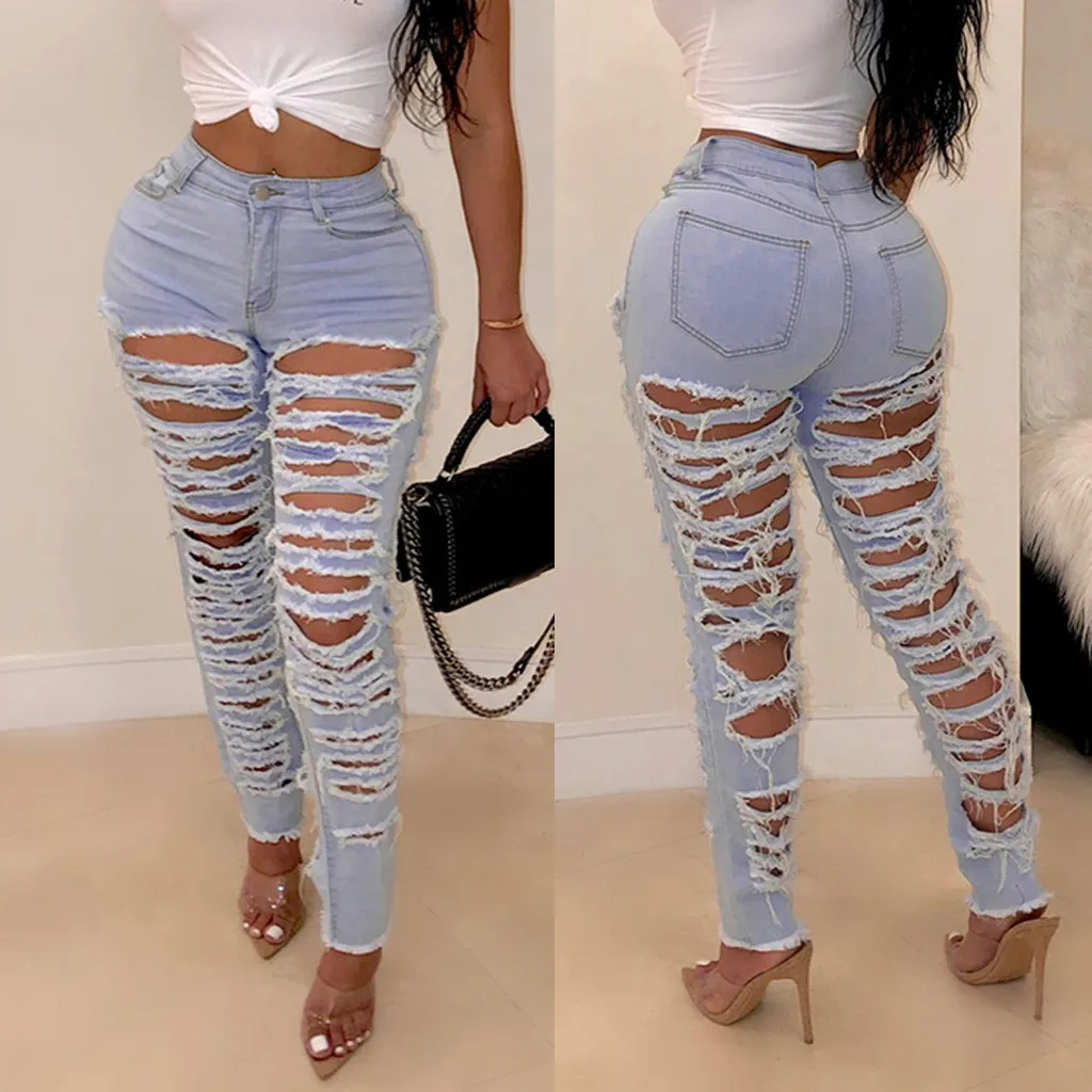 Mujeres De Cintura Alta Skinny Destruido Agujero Rasgado De Talla