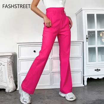 

FASHSTREET Casual High Waist Wide Leg Pants Women Solid Color Pocket Zipper Skinny Flare Trousers Female Fashion Streetwear