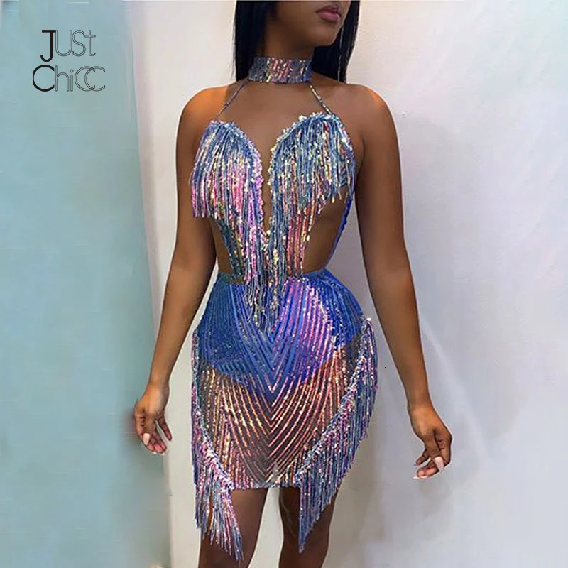 Justchicc Tassel White Dress Women Clubwear Halter Asymmetric Bodycon Mini Sequin Dresses Sexy Party Night clue Dresses Autumn - Цвет: 445Multi