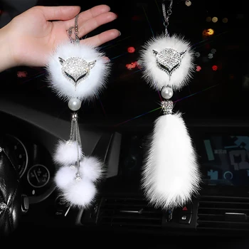 

Fashion Plush Fox Rear View Mirror Ornament Fur Car Mirror Hanging Accessories for Girls Women Bling Bling Diamond Pendant Cute