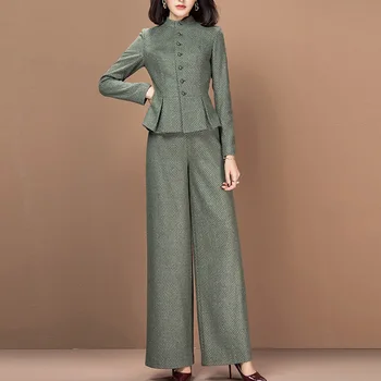 

Autumn women's suit new temperament fashion elegant green plaid wool wide leg pants suit office ladies two-piece