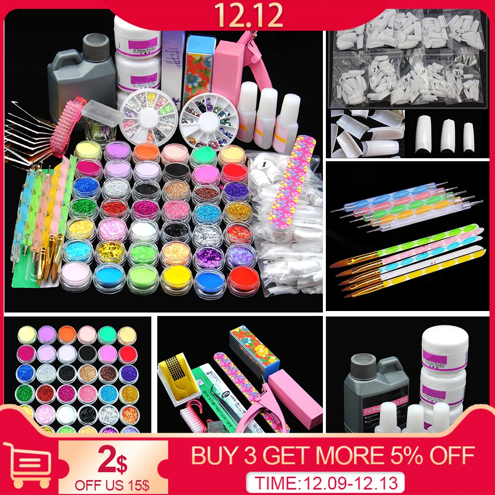 Baratos Pro acrílico Power manicura uñas Kit acrílico puntas cortador brillo diamantes de imitación archivo cepillo conjunto de herramientas para manicura Gel Kit