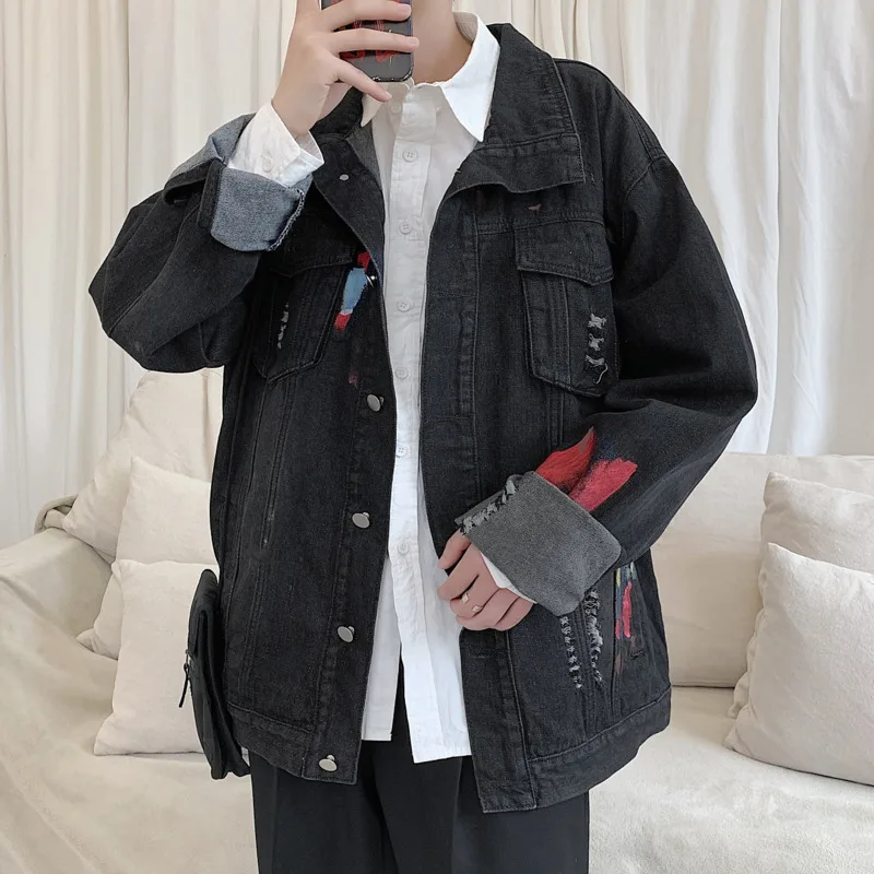 Cheap Hip Hop Denim Jacket Men's Fashion Print Casual Loose Denim Jackets Mens Streetwear Wild Bomber Jacket Men Coat Cowboy Outwear