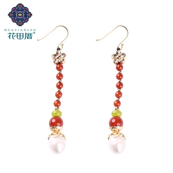 

White Pearl Bead Red A gate Beads Ethnic Earring Yellow J ade Bead Gold Alloy Flower Handmade Dangle Woman Jewelry EZ-18018