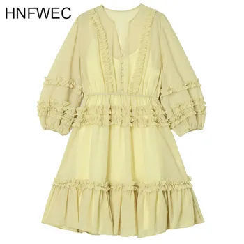 

Women Ruffles Two Piece Dress New V-Neck Three-quarter Lantern Sleeve Loose Fit Fashion Tide Spring Autumn 2020 T271