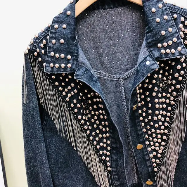 Chaquetas Mujer Осенняя уличная одежда свободные синие джинсы куртка Для женщин ручной работы с шипами и заклепками тассель цепь Короткие джинсы куртка