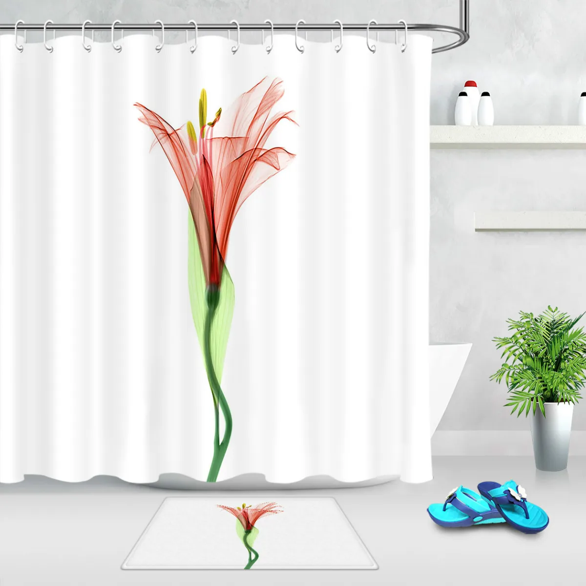 Curtain and mat Цветочный растение тропический цветок занавеска для душа водонепроницаемая ткань из полиэстера занавеска для душа 12 крючков наборы аксессуаров для ванной комнаты - Цвет: Curtain and mat