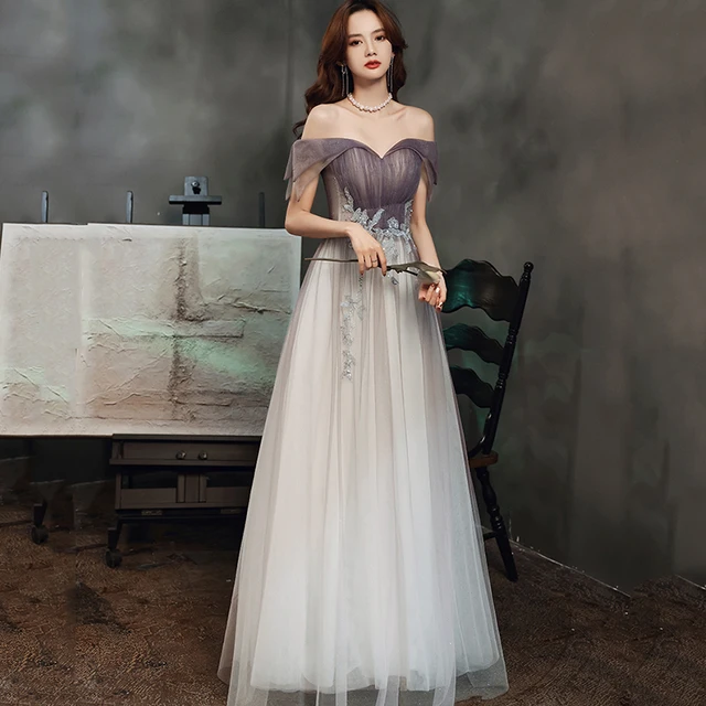 Fashion Appliques Backless Off-the Shoulder Evening Dress Simple Long  V-neck A-line Evening Gown Tull Elegant Formal Party Dress - Evening Dresses  - AliExpress