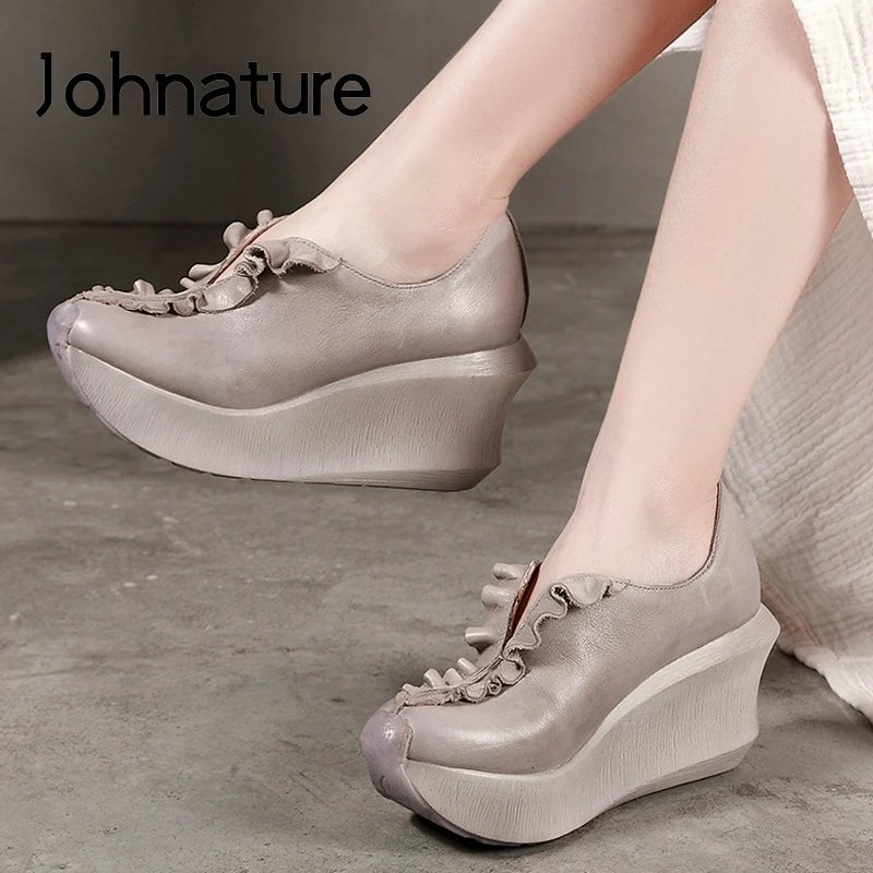 Женские туфли-лодочки на платформе Johnature натуральная кожа высокий каблук круглый