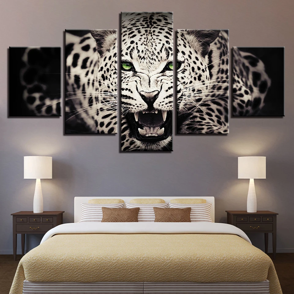 

HD Printed Pictures Wall Art Animal Canvas Painting 5 Pieces Ferocious Green Eyed Leopard Poster Modular Home Decor Framework