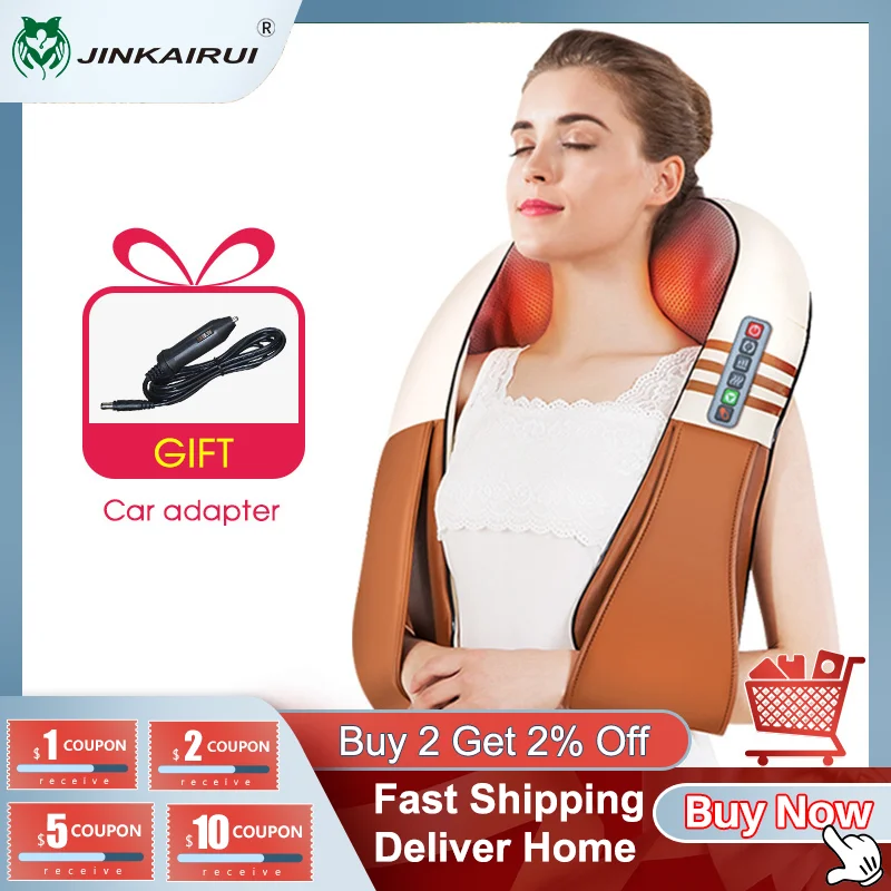 (with Gift Box) JinKaiRui U Shape Electrical Shiatsu Back Neck Shoulder Body Massager Infrared Heated Kneading Car/Home Massager|massage…