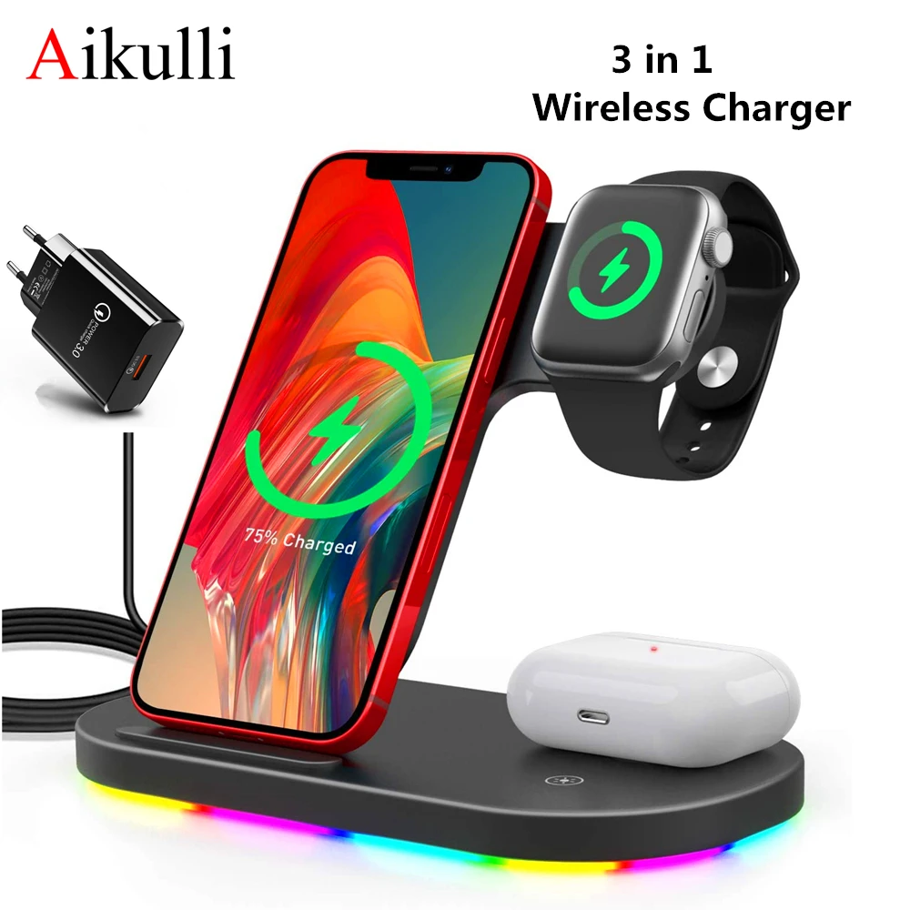 15W Fast Wireless Chargers Stand 3 in 1 for iPhone 12 11 Samsung Charging Dock Station for Apple Watch 6 5 4 3 2 AirPods Pro 2