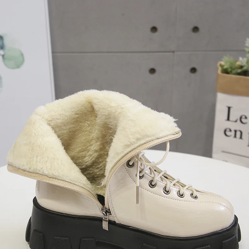 women's patent leather warm plush motorcycle boots autumn winter fashion thick platform lace up ankle boots female shoes