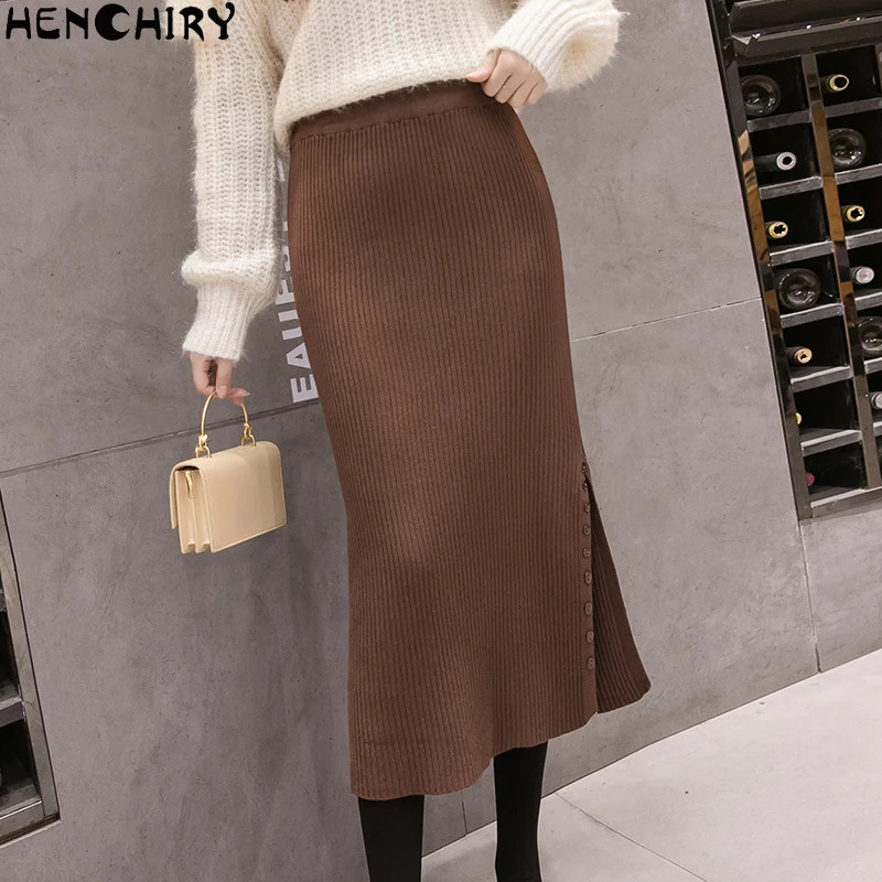 HENCHIRY Autumn 2019 Women Elastic Band Skirts Winter Warm Knitted Straight Skirt Ribbed Mid-Long Split Black | Женская одежда