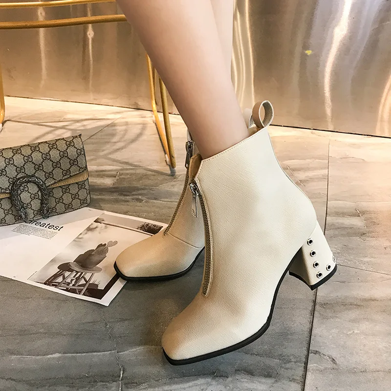

Sexy Solid Chelsea Boots Women Square Heel High Rivet Boots Square Toe Zipper Ankle Ladies Shoes