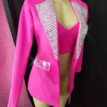 Для бара, ночного клуба, для женщин, певица, танцовщица, костюмы, розовые, фиолетовые кристаллы, пальто, бикини, комплект из 3 предметов, джаз, DJ, сценическое шоу, танцевальная одежда, костюм