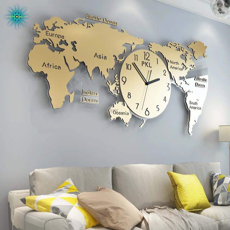 

World Map Large Wall Clock Modern Design 3D Stickers Hanging Clocks Wall Watch Unique Digital Wall Clocks Home Decor Silent