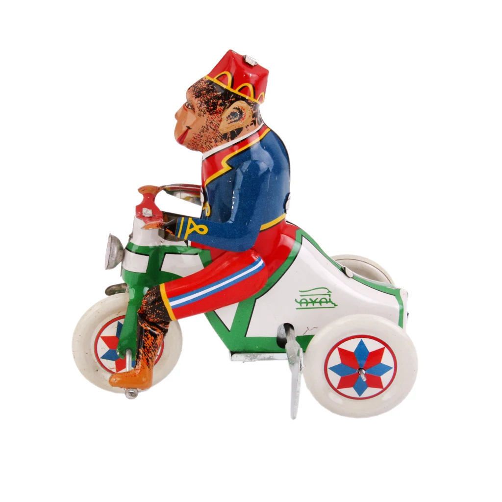 Vintage Style Wind Up Circus Monkey Riding A Car Clockwork Tin Toy Fun Collectible