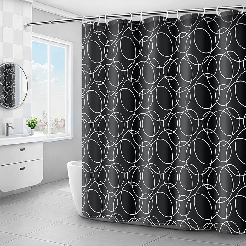 Black Waterproof Bath Curtains Bathroom Circles Endless Shower Curtain Bathtub Cover Extra Large Wide 12 Hooks rideau de douche