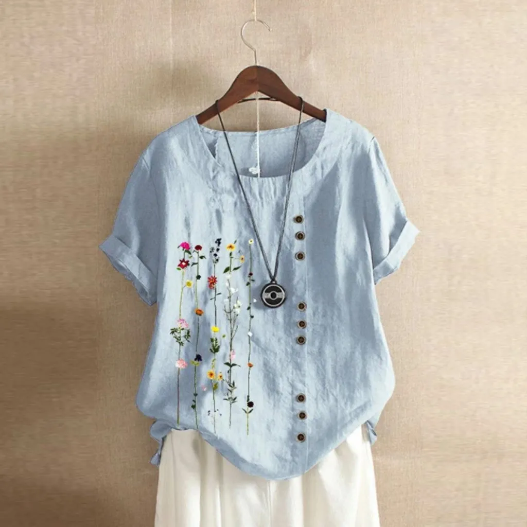 Las mujeres Blusa de flores de talla grande de las mujeres bohemio Floral bordado camisa manga corta blusa Top vintage ropa para mujer