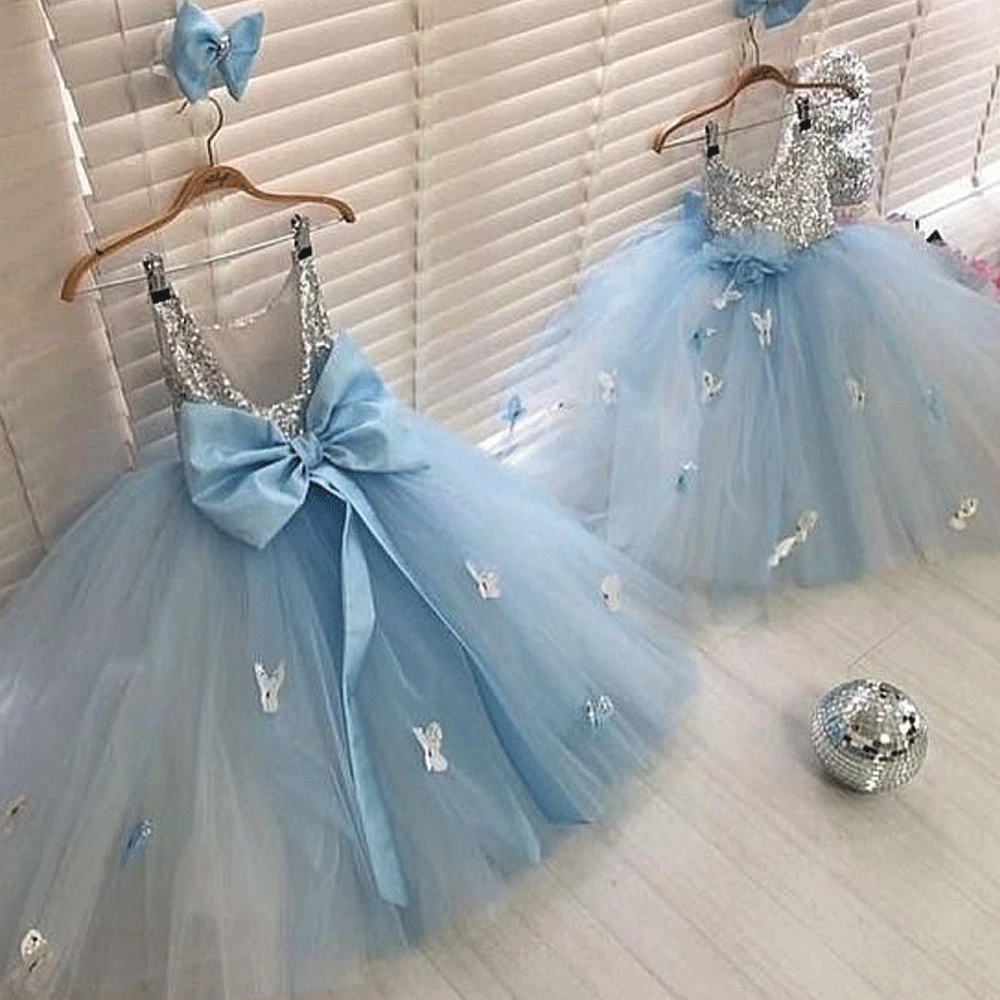 grey blue flower girl dress