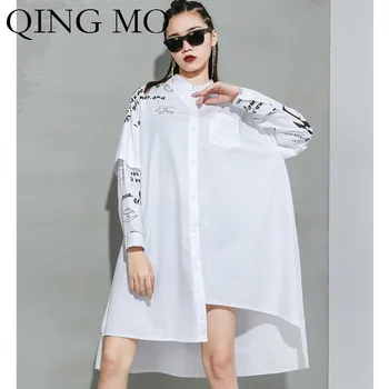 

QING MO Plus Size Women Spring Blouse Dress 2020 Women Black White Irregular Dress Female Letter Patchwork Dress ZQY3174