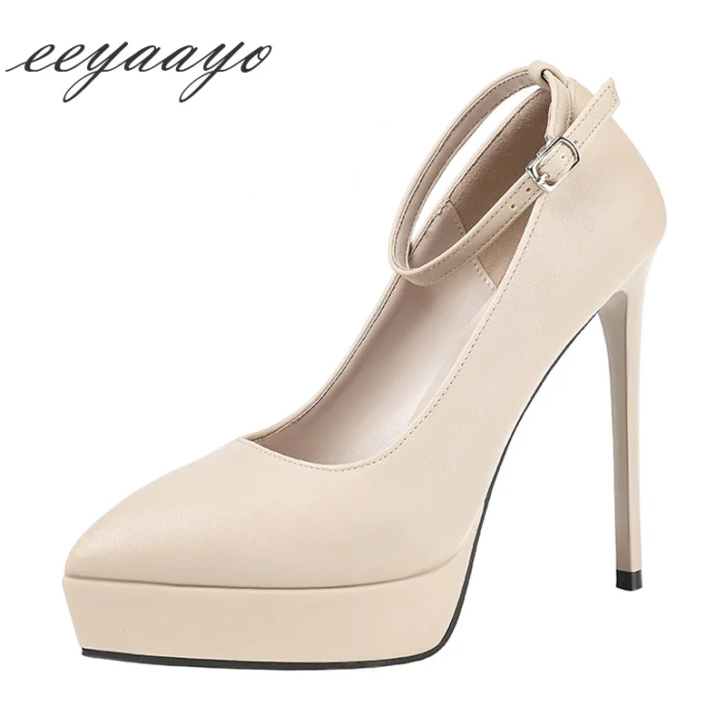 

2019 New Autumn Women Ankle Strap Pumps 12cm High Thin Heel Pointed Toe Buckle Sexy Ladies Women Platform Shoes Khaki High Heels