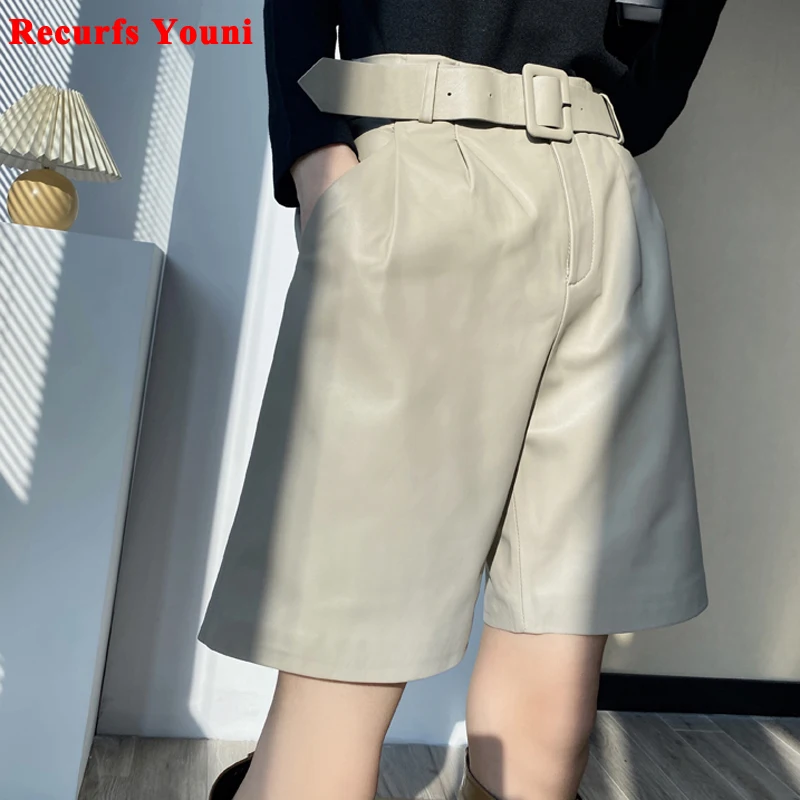 뛰어난 Texture100 % 양가죽 버뮤다 반바지 여성용 스트레이트 웨이스트 진짜 가죽 캐주얼 바지, 벨트 시크 럼 브라운 바지
